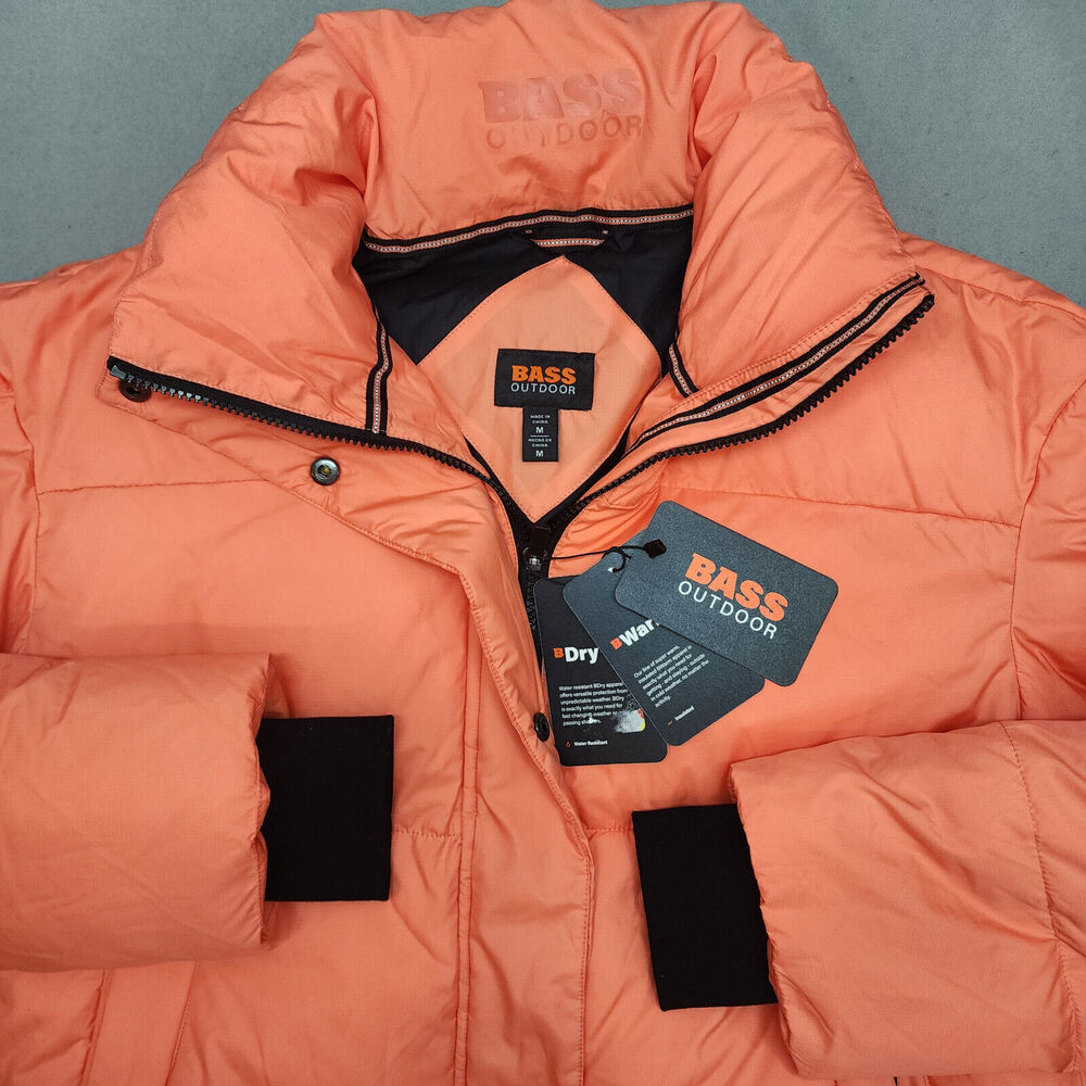 BASS OUTDOOR Womens Discovery Puffer Jacket Orange‎ Living Coral Zip Sz M NWT